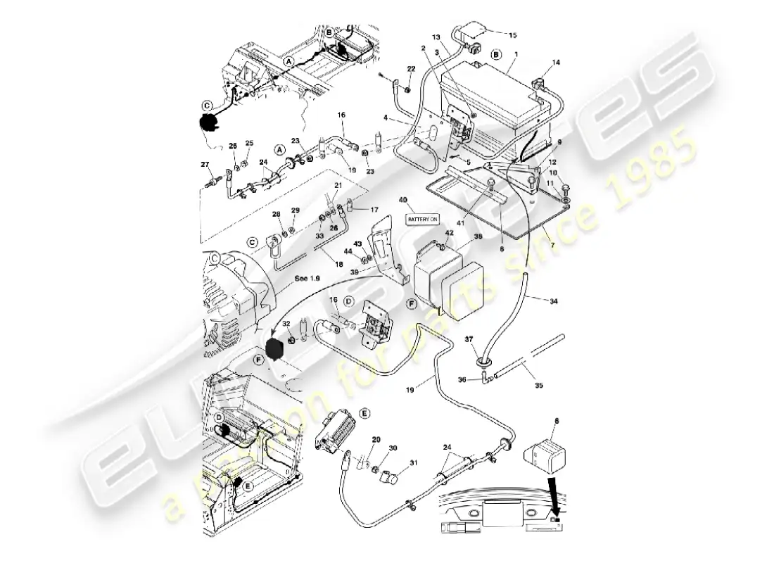 aston martin vanquish (2005) battery & cables parts diagram
