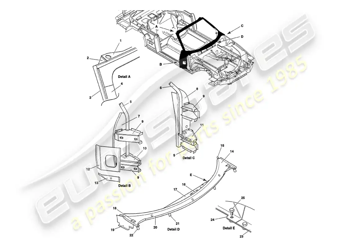 aston martin v8 volante (1997) superstructure parts diagram