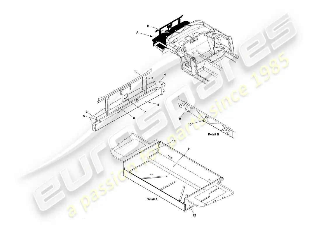 aston martin v8 volante (1997) rear structure, bumper & boot parts diagram