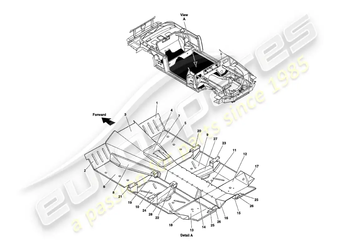 aston martin v8 volante (1997) floor panels parts diagram