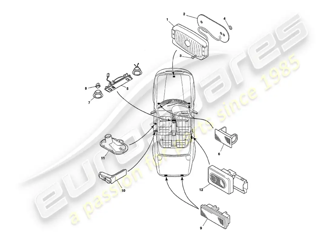 aston martin v8 volante (1997) interior lamps parts diagram