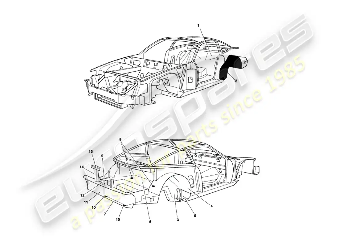 aston martin v8 coupe (2000) chassis panels parts diagram