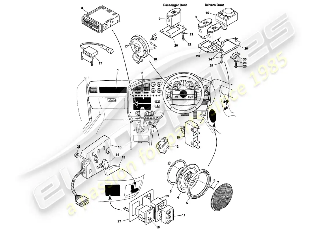 aston martin v8 volante (1998) instruments & controls parts diagram