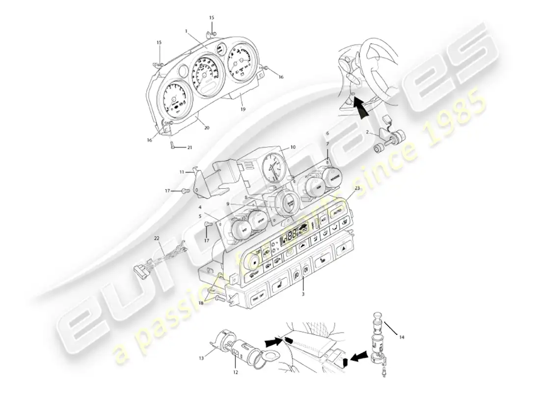 aston martin vanquish (2002) instruments & controls parts diagram