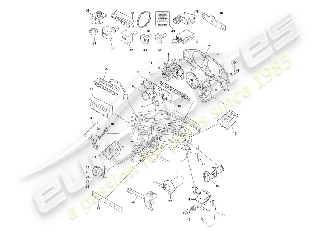 aston martin v8 virage (1999) instruments & controls parts diagram