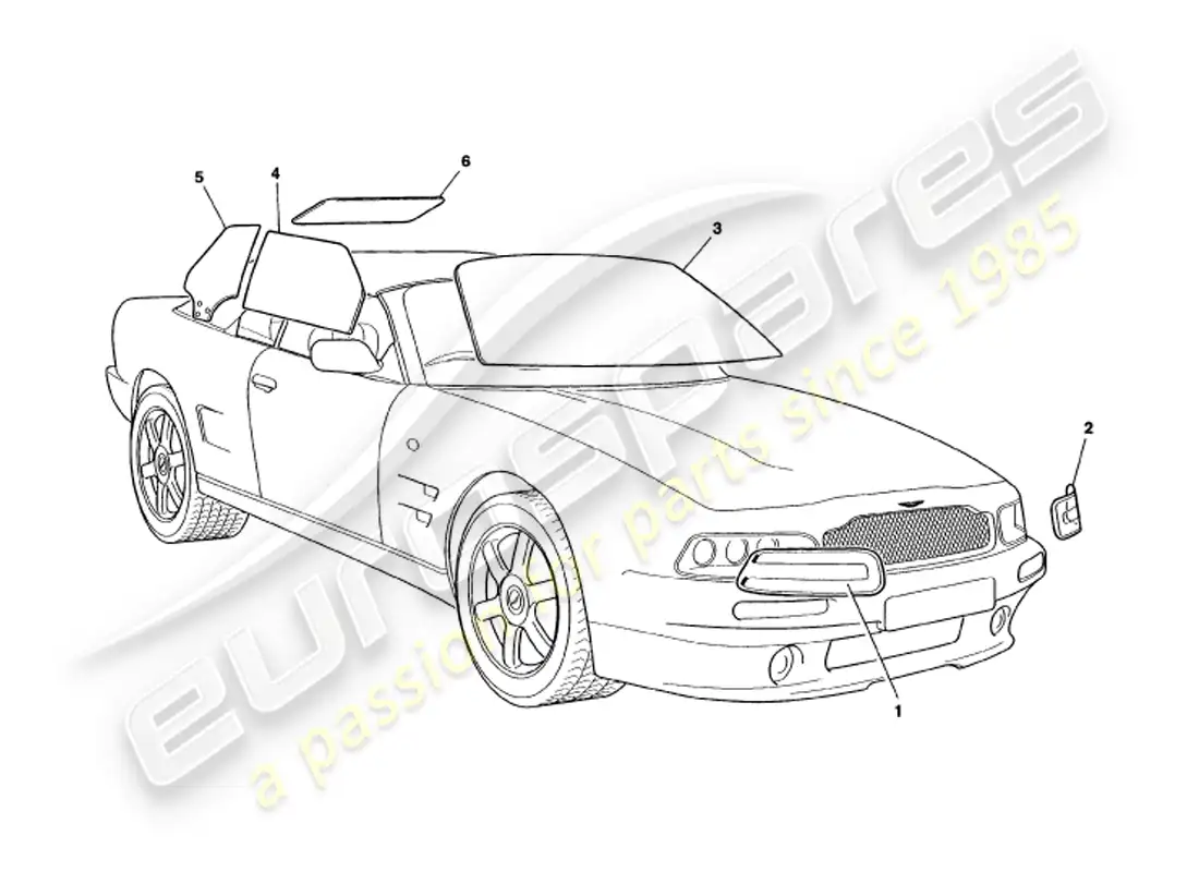 aston martin v8 volante (2000) glass part diagram