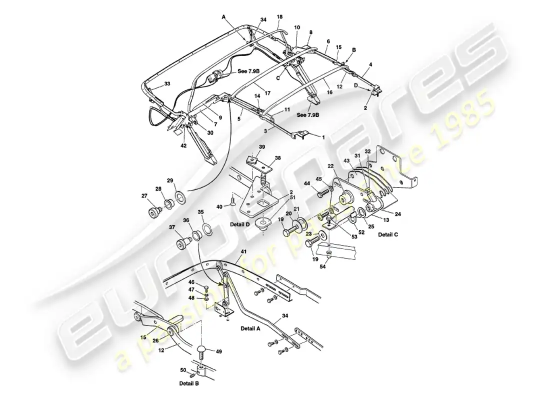 aston martin v8 volante (2000) hood frame assembly part diagram