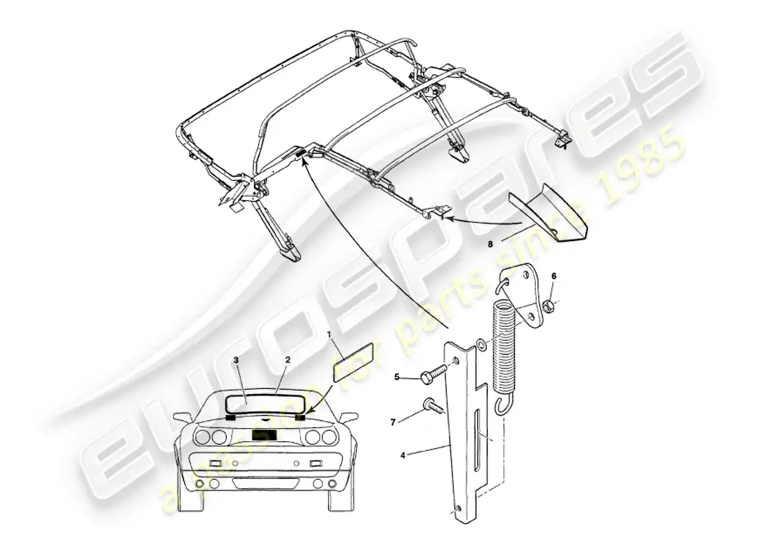 aston martin v8 volante (2000) hood assembly part diagram