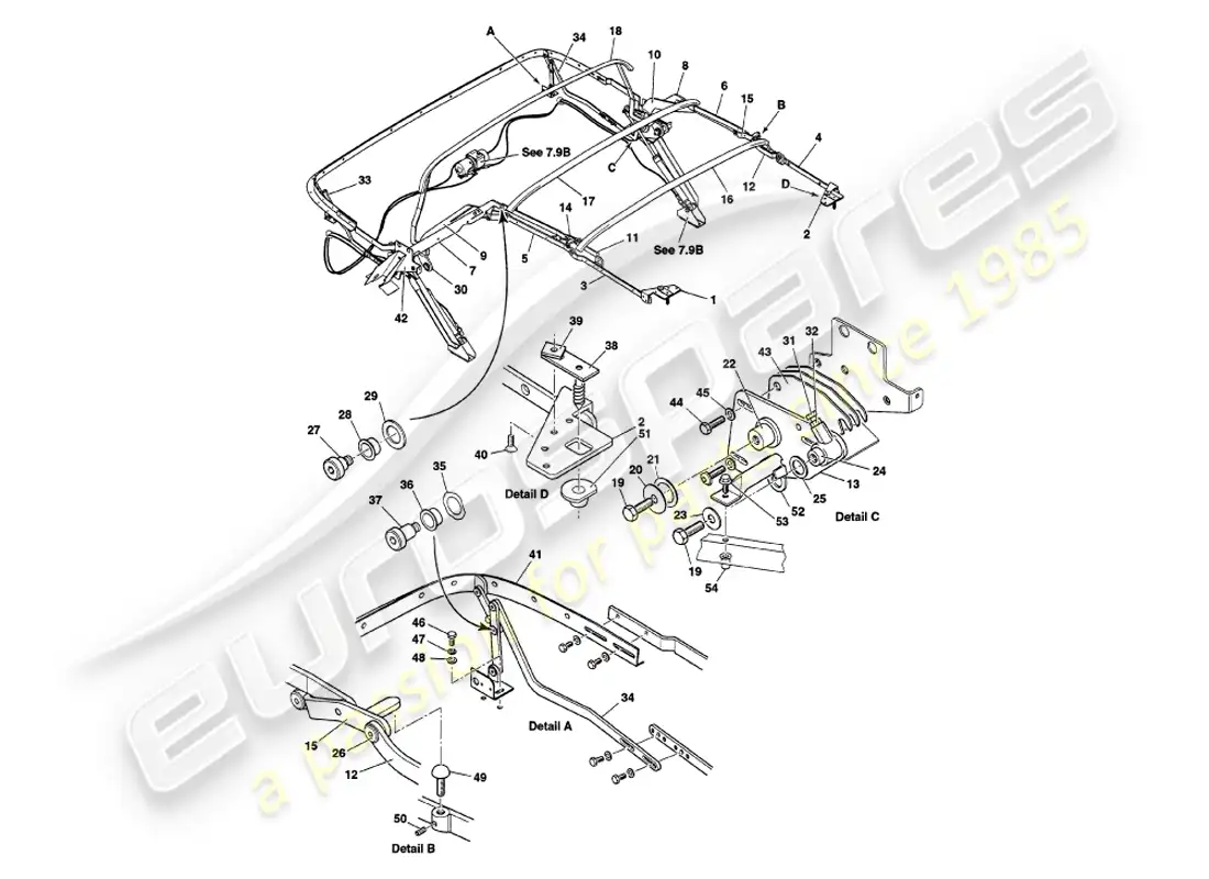 aston martin v8 volante (1999) hood frame assembly parts diagram