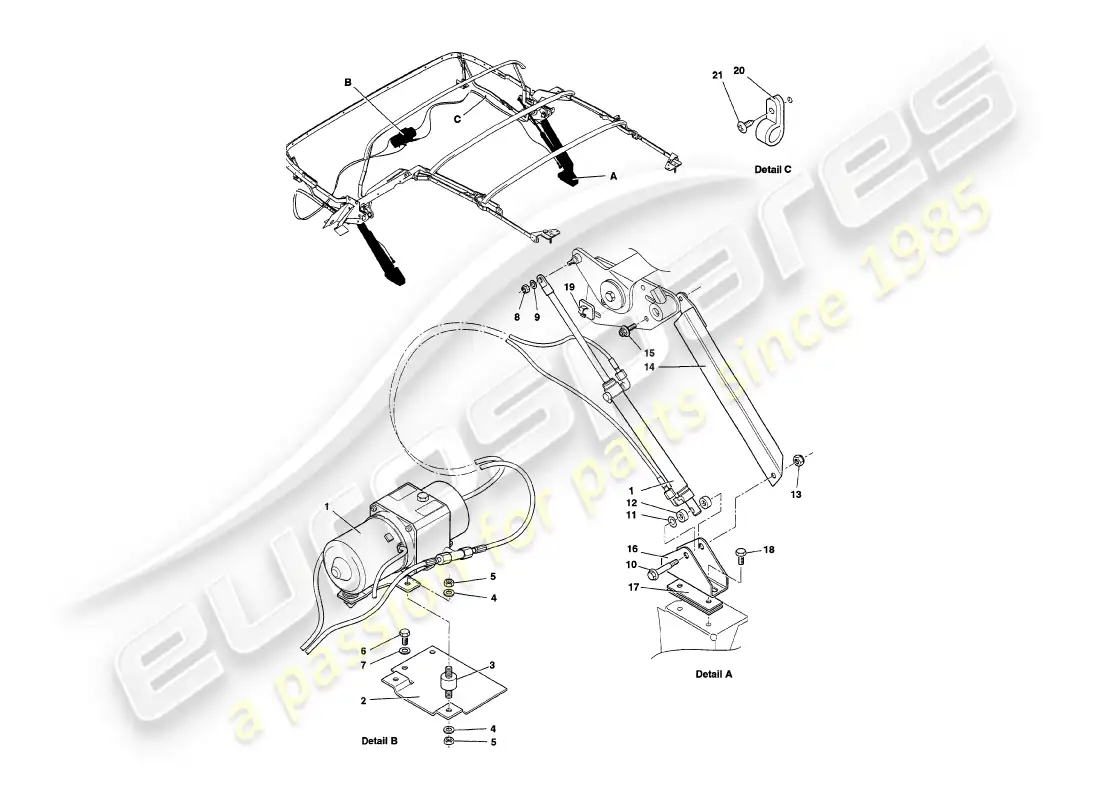 aston martin v8 volante (1999) hood hydraulics parts diagram
