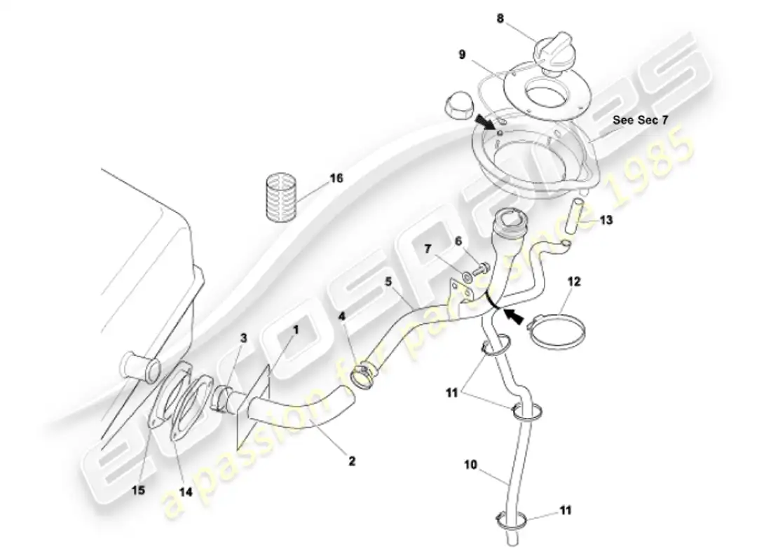 aston martin vanquish (2001) fuel filler pipe parts diagram