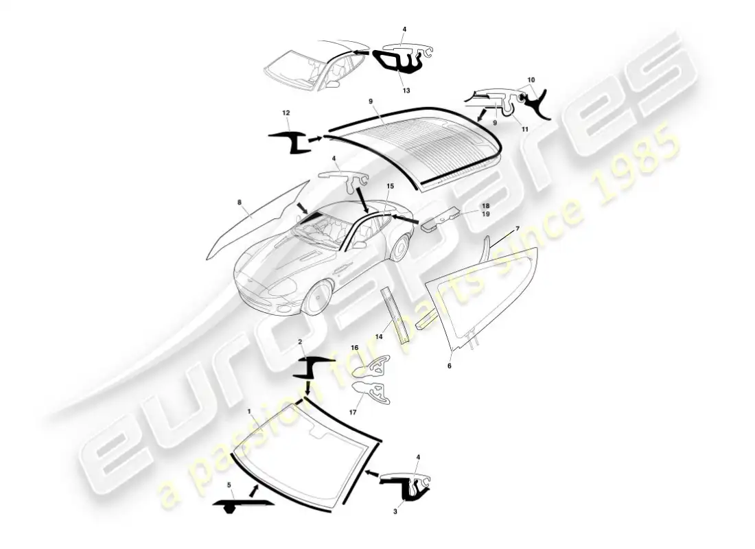 aston martin vanquish (2007) glass & finishers parts diagram