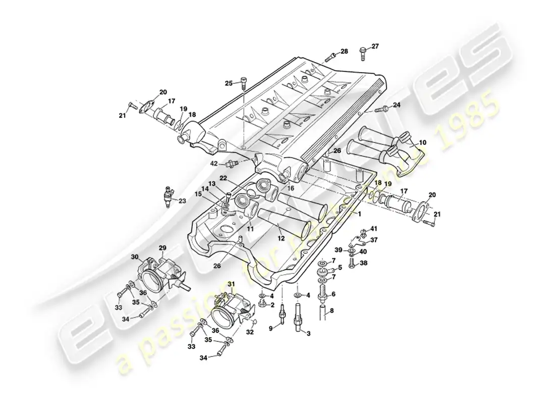 aston martin v8 coupe (1999) inlet manifolds and plenum parts diagram