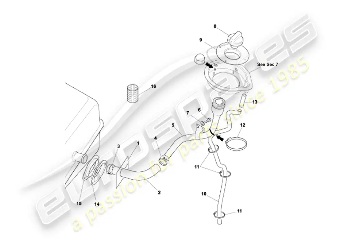 aston martin vanquish (2007) fuel filler pipe parts diagram