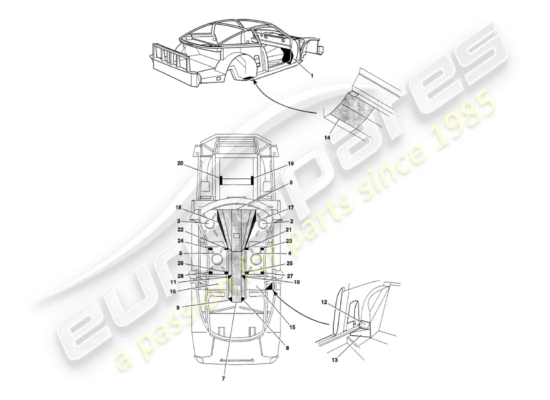 aston martin v8 coupe (1999) chassis panels parts diagram