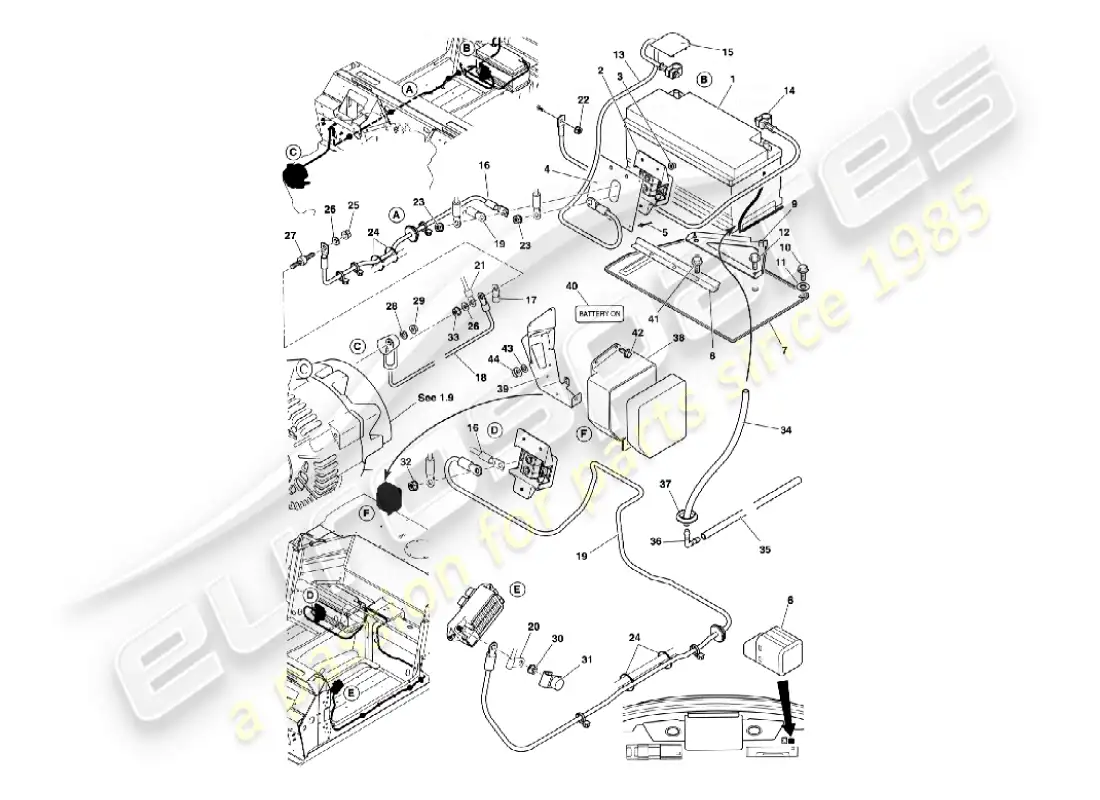 aston martin vanquish (2007) battery & cables parts diagram