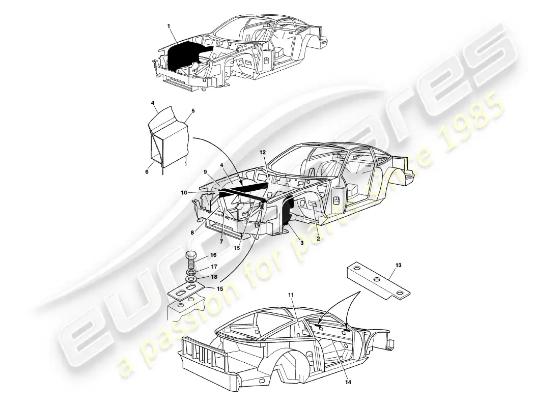 aston martin v8 coupe (1999) chassis panels parts diagram