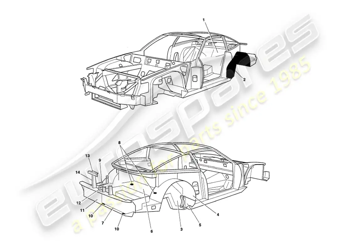 aston martin v8 coupe (1999) chassis panels parts diagram