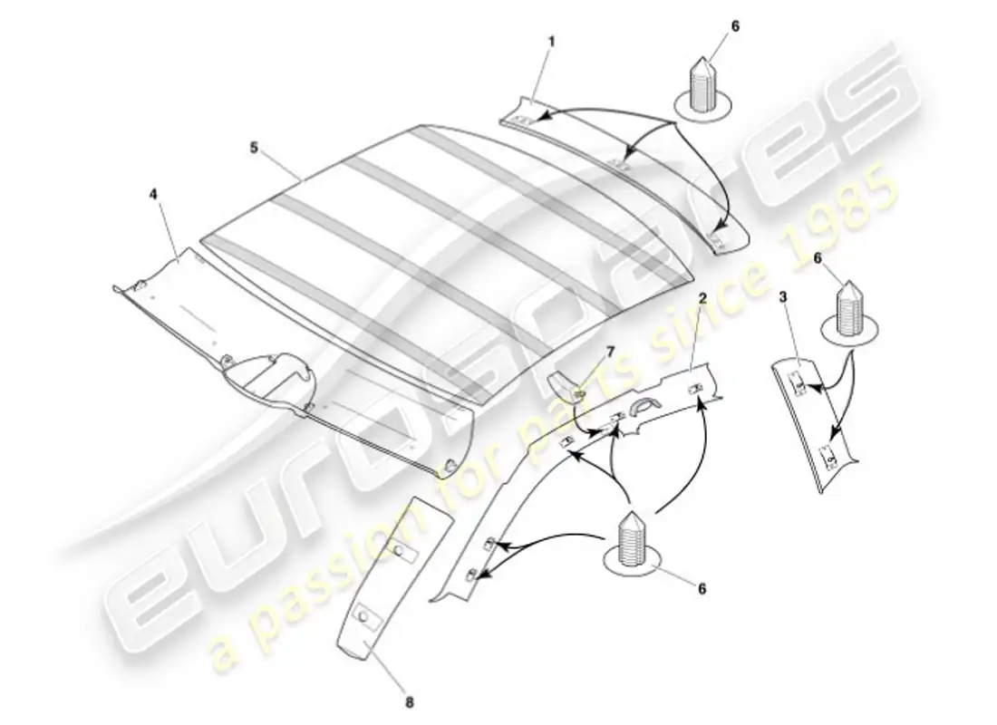 aston martin vanquish (2001) upper trim & roof lining parts diagram