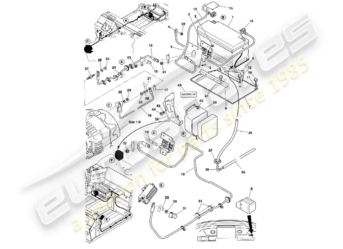 aston martin vanquish (2001) battery & cables parts diagram