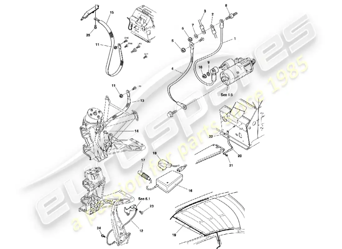 aston martin vanquish (2001) battery & cables parts diagram