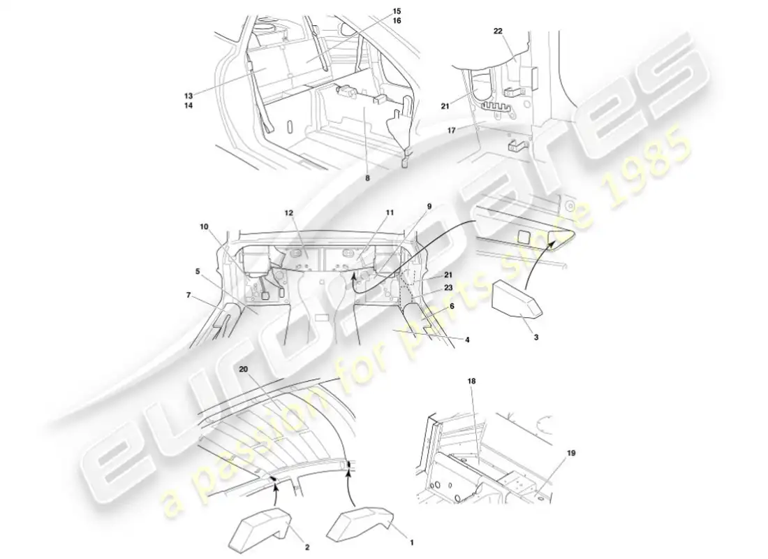 aston martin vanquish (2001) sound deadening parts diagram