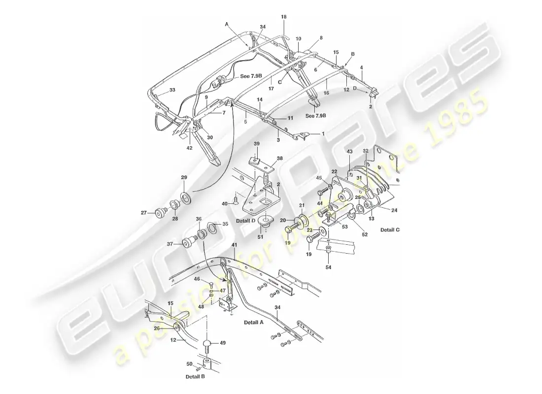 aston martin v8 virage (1999) hood frame assembly parts diagram