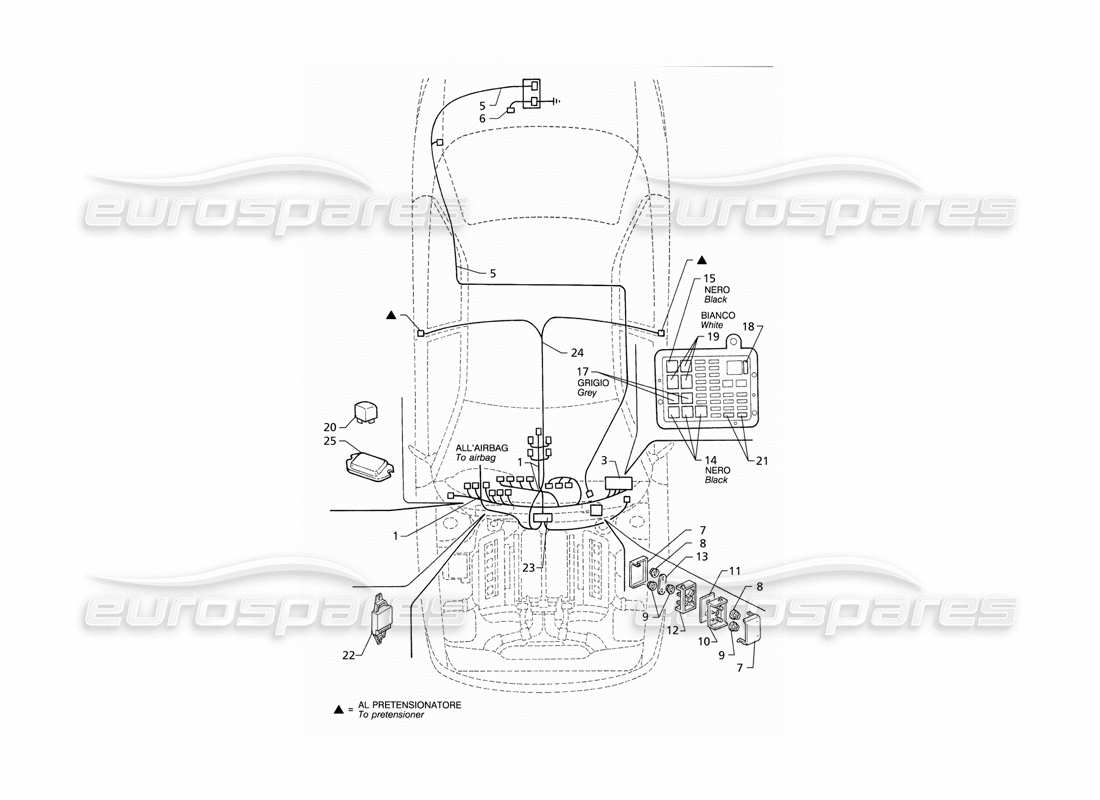 maserati qtp v6 (1996) electrical system: dashboard and battery (rhd) parts diagram