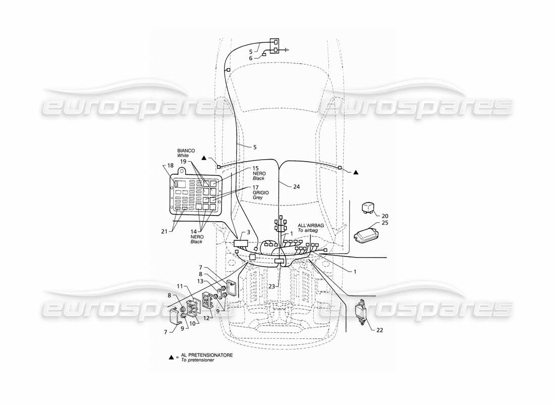 maserati qtp v8 (1998) electrical system: dashboard and battery (lhd) parts diagram