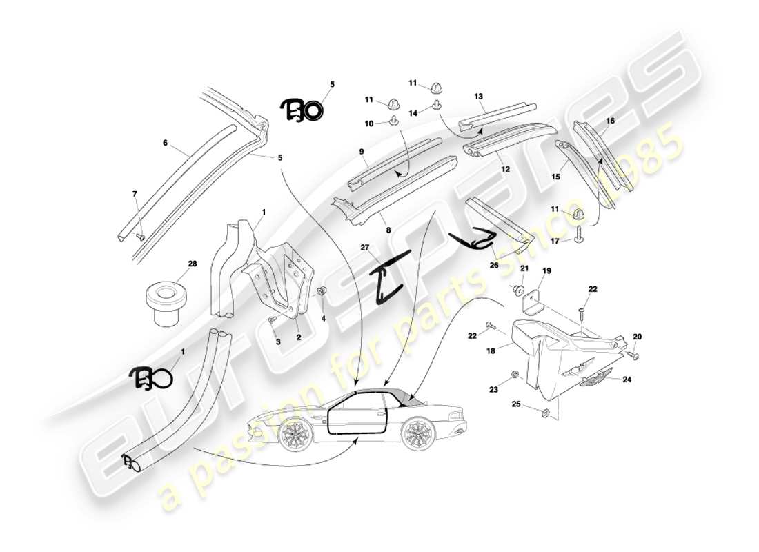 aston martin db7 vantage (1999) volante door & roof seals part diagram