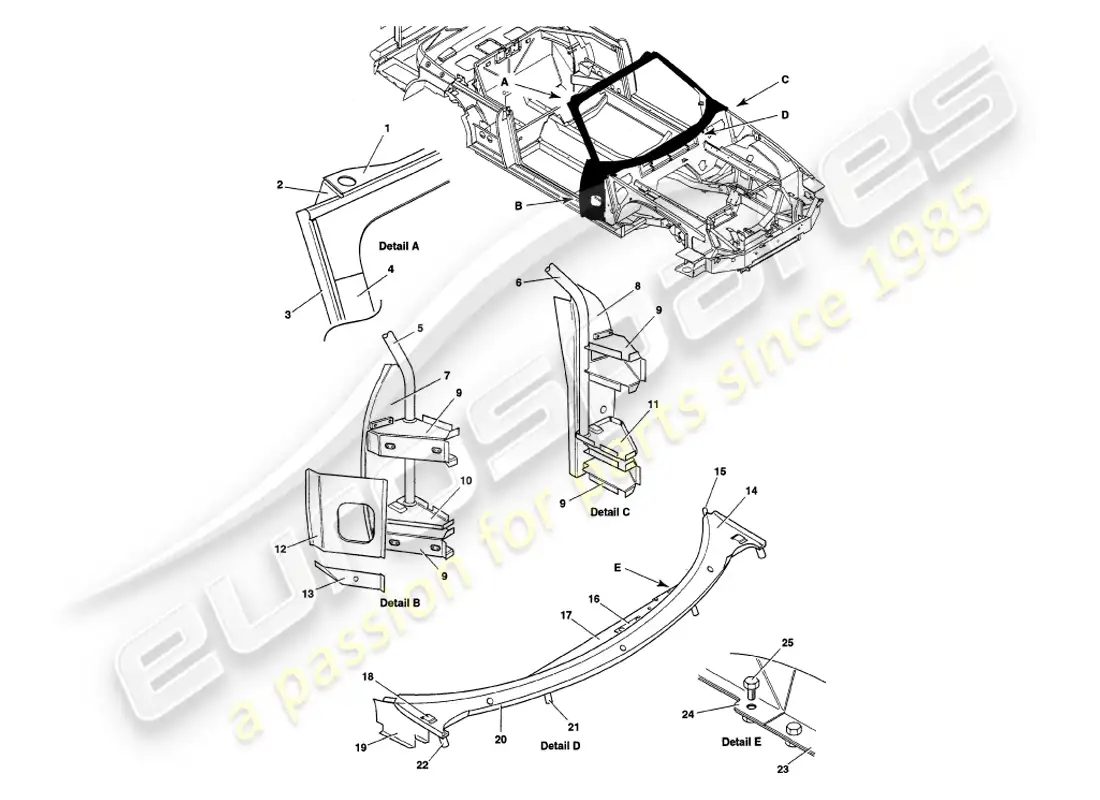 aston martin v8 volante (2000) superstructure part diagram