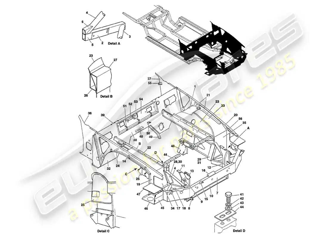 aston martin v8 volante (2000) front structure part diagram