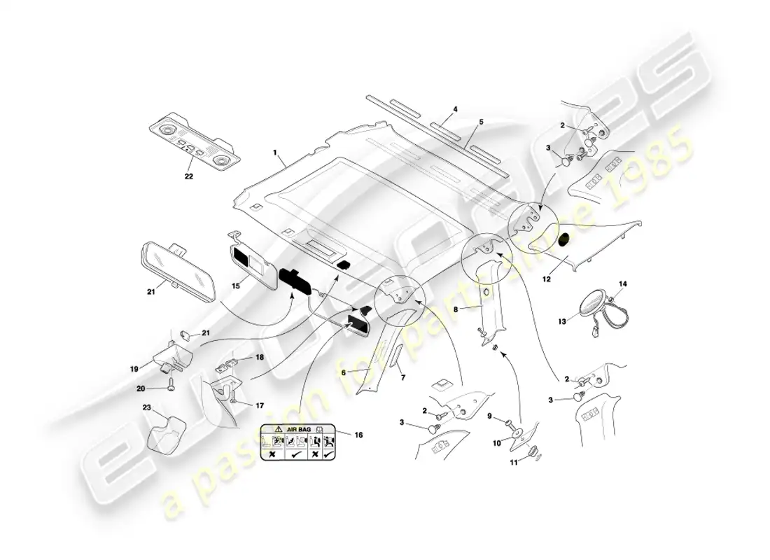 aston martin db7 vantage (1999) coupe upper trim & roof lining part diagram
