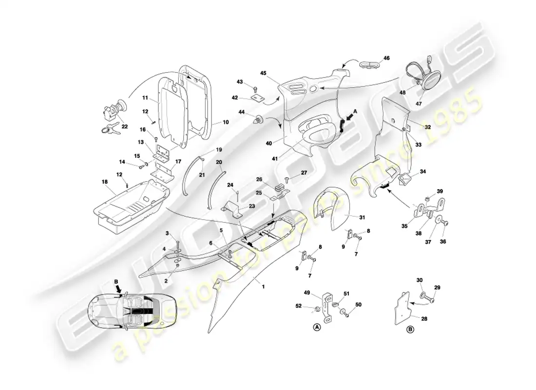 aston martin db7 vantage (1999) centre console & trim, volante part diagram