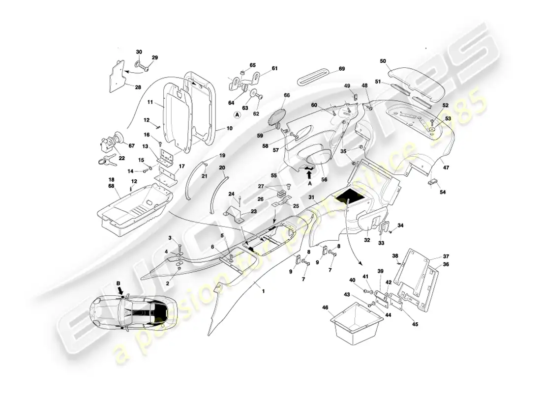 aston martin db7 vantage (1999) centre console & trim, coupe part diagram