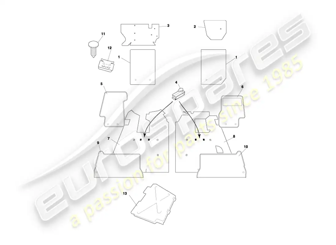 aston martin db7 vantage (1999) coupe carpets part diagram