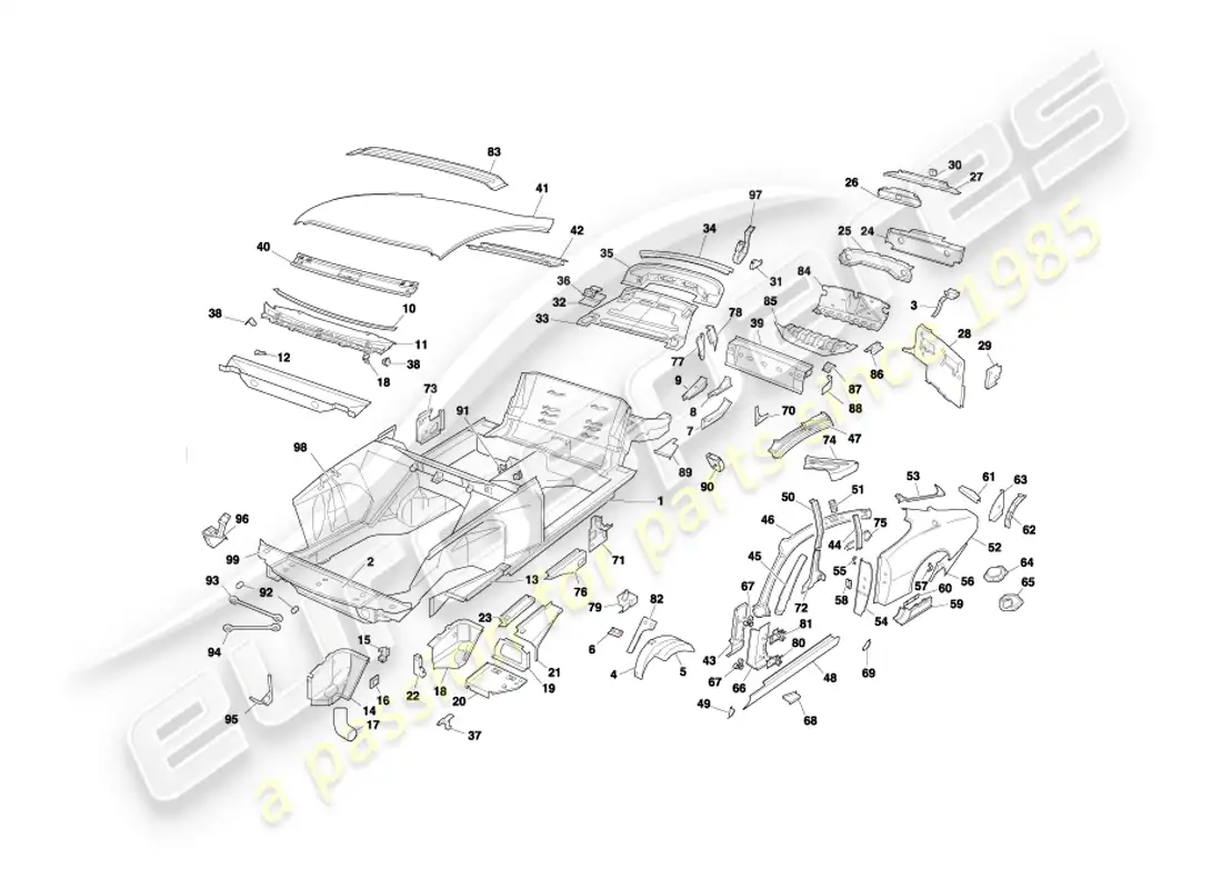 aston martin db7 vantage (1999) body panels, coupe part diagram