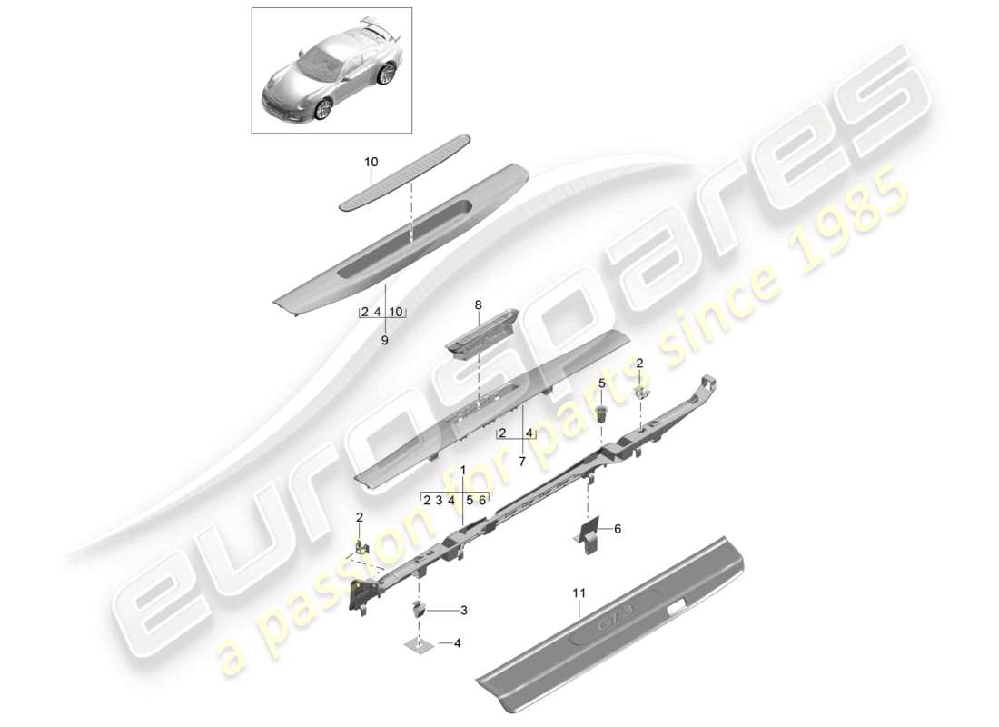 porsche 2021 (991-2 r/gt3/rs) trim sill part diagram