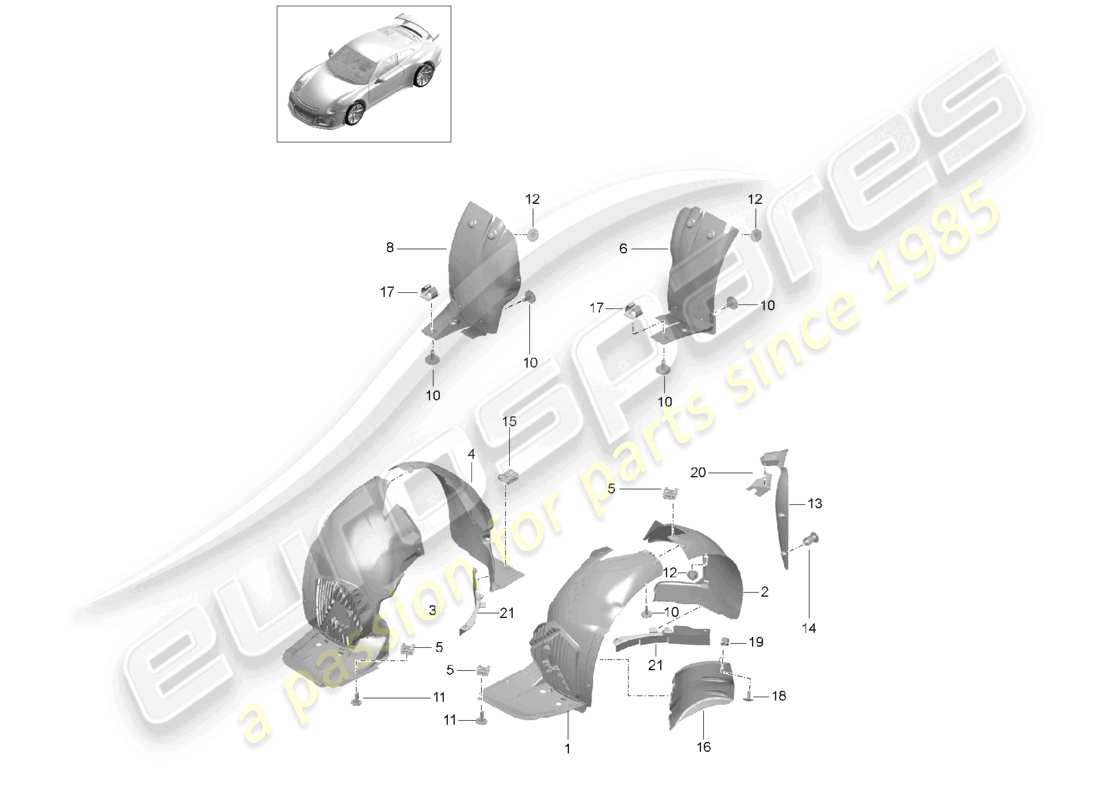 porsche 2021 (991-2 r/gt3/rs) wheel housing liner trims part diagram