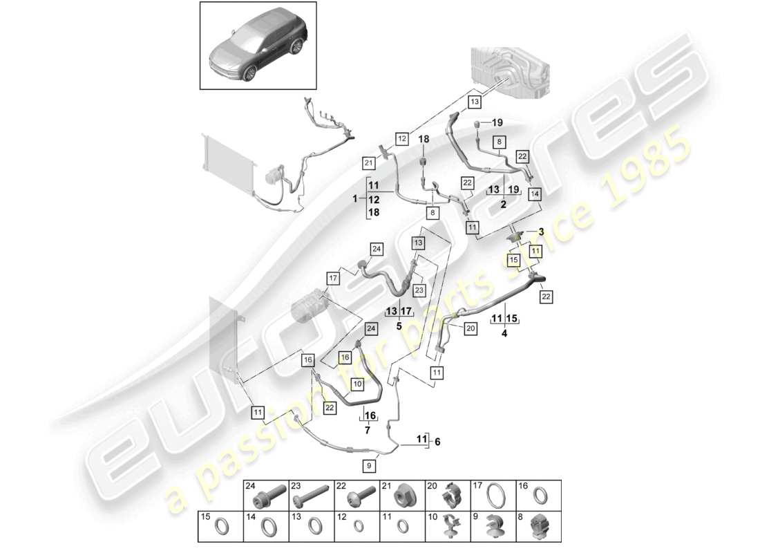 porsche 2024 (cayenne e3 9ya/9yb) air conditioning refrigerant line v8 r134a part diagram