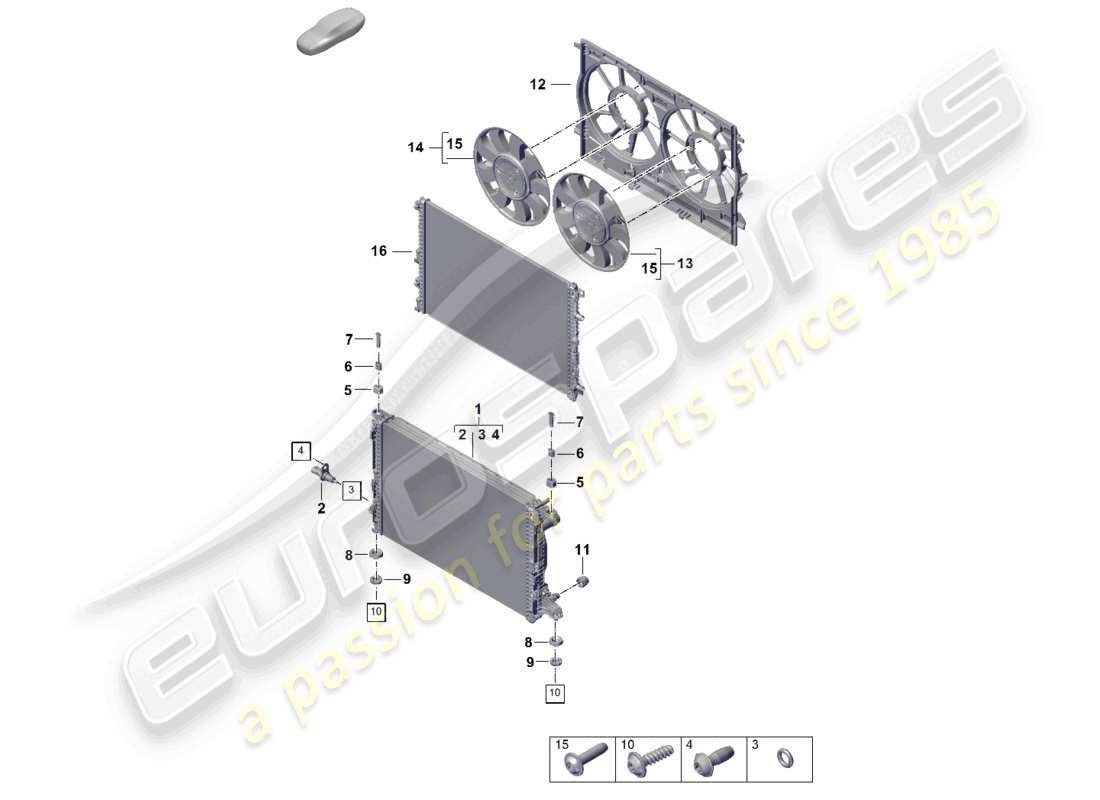 porsche 2024 (cayenne e3 pa) coolant cooling system cooler for coolant radiator cowl part diagram