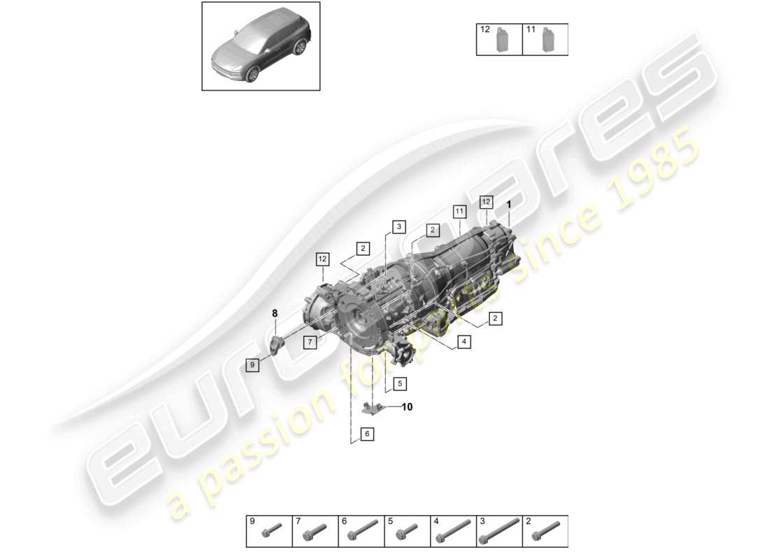 porsche 2021 (cayenne e3 9ya/9yb) 8-speed automatic gearbox for vehicles with hybrid drive mounting parts for engine and transmission part diagram