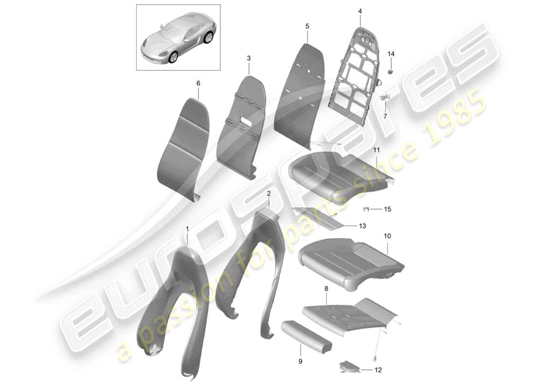 porsche 2022 (718 cayman) foam part backrest covers seat covers sports seat part diagram