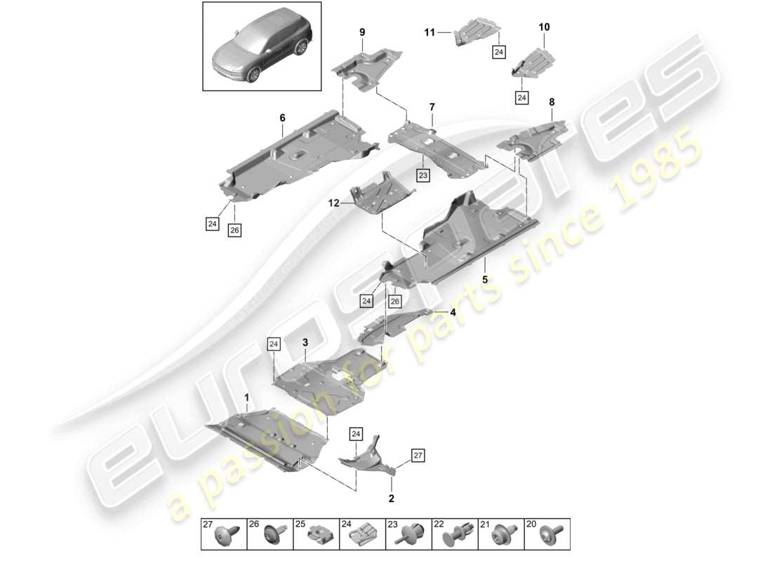 porsche 2021 (cayenne e3 9ya/9yb) trim underbody trim for vehicles with hybrid drive part diagram