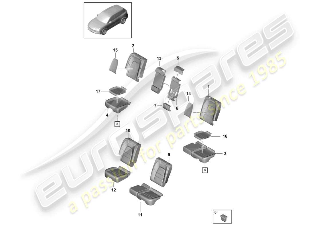porsche 2021 (cayenne e3 9ya/9yb) seat rear comfort seat foam part seat cover part diagram