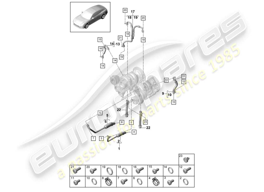 porsche 2021 (panamera 971-1) coolant cooling system for turbocharger oil pressure line for exhaust gas turbocharger part diagram