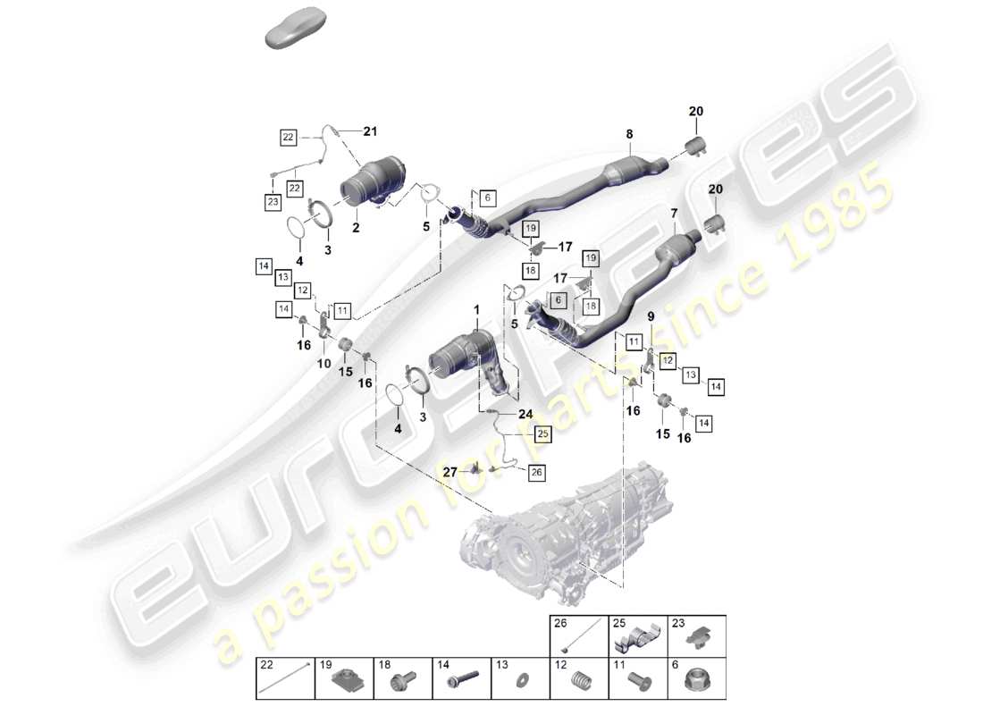 porsche 2023 (cayenne e3 pa) exhaust system petrol particulate filter exhaust pipe with catalyst lambda probe part diagram