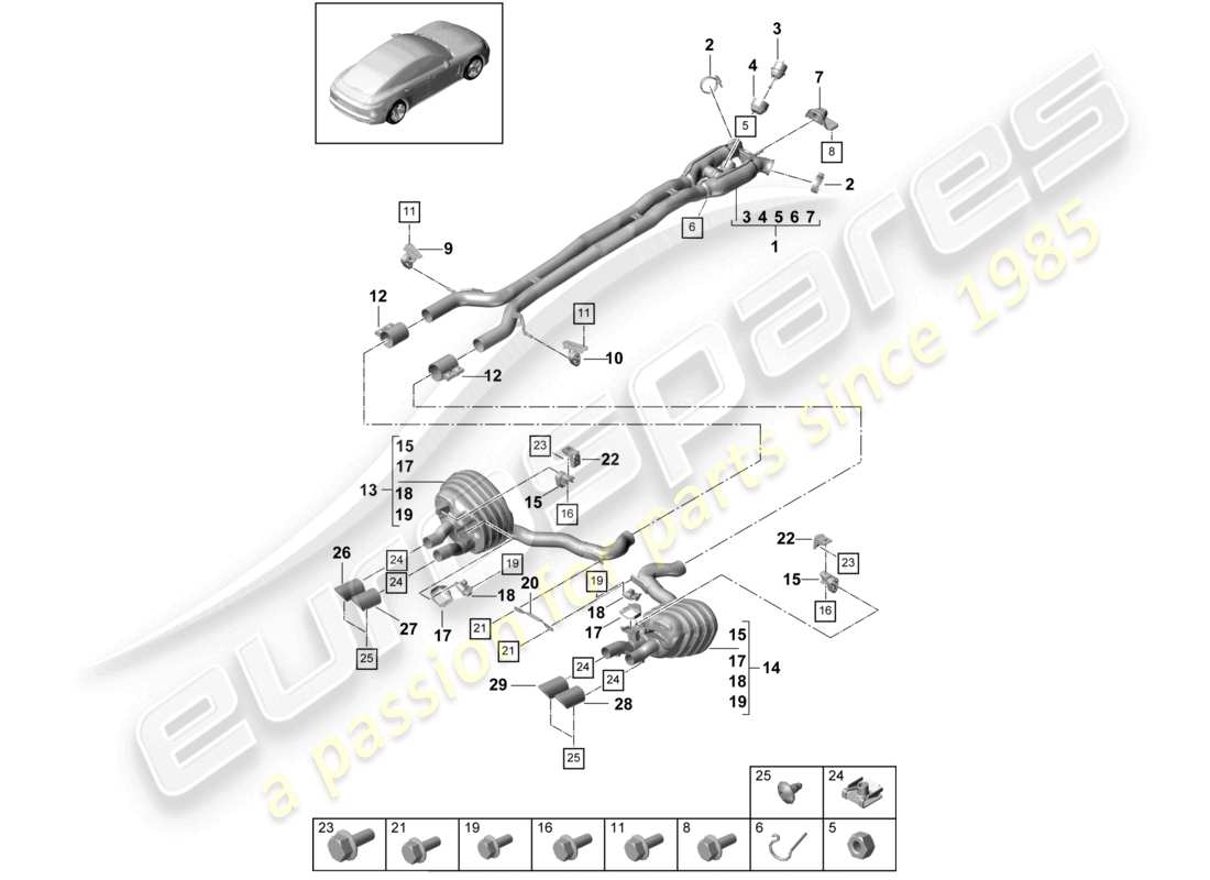 porsche 2021 (panamera 971-1) exhaust system sport version front silencer rear silencer tailpipe part diagram