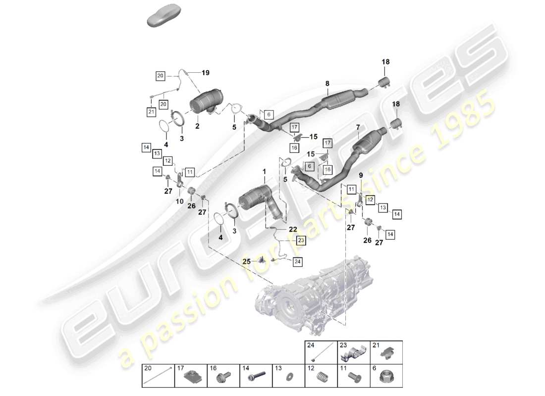 porsche 2023 (cayenne e3 pa) exhaust system exhaust pipe with catalyst exhaust pipe w. front silencer lambda probe part diagram