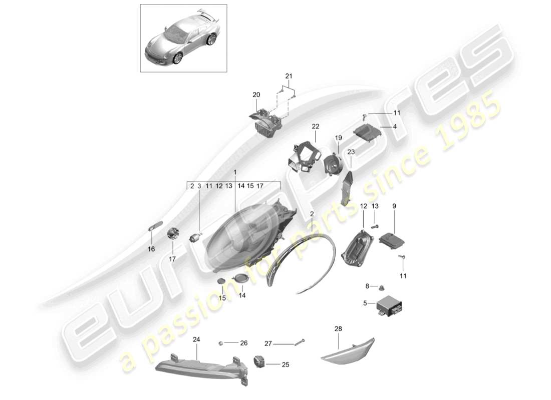 porsche 2021 (991-2 r/gt3/rs) headlights additional headlight turn signal indicator side marker light turn signal repeater d - mj 2018>> part diagram